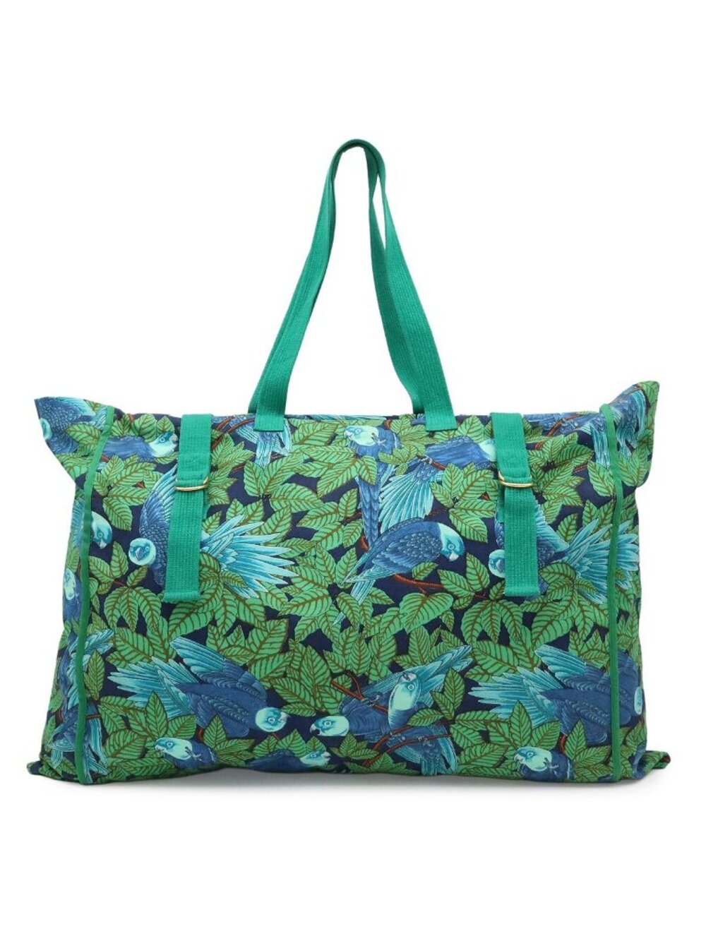 Hermes Tote Large Shoulder Bag Botanical Bird Print Parakeet Canvas Green Blue